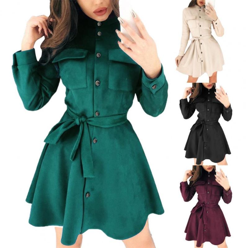 

Casual Dresses Puff Sleeve Belt Party Dress Shirt Solid Color Ruffles Hem Autumn Winter Stand Collar Mini For Daily Wear, Black;gray