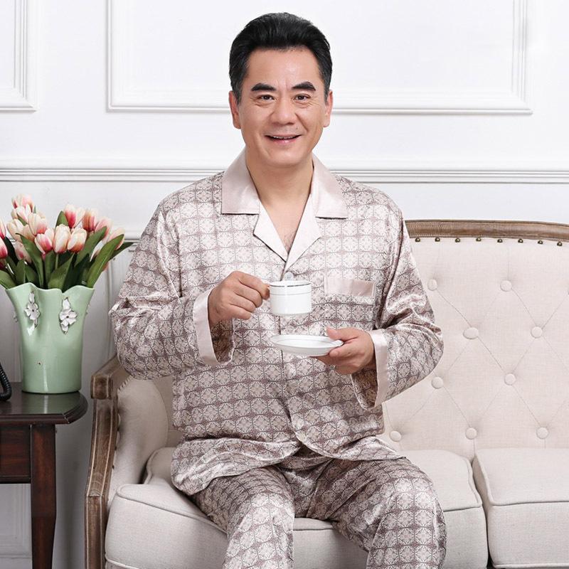 

Men's Sleepwear Pajamas For Men Satin Two Pieces Suits Lapel Sleep Set Nightwear Summer Long Sleeve Shirt&Pants Casual Thin Home Clothes Pyj, Silver a