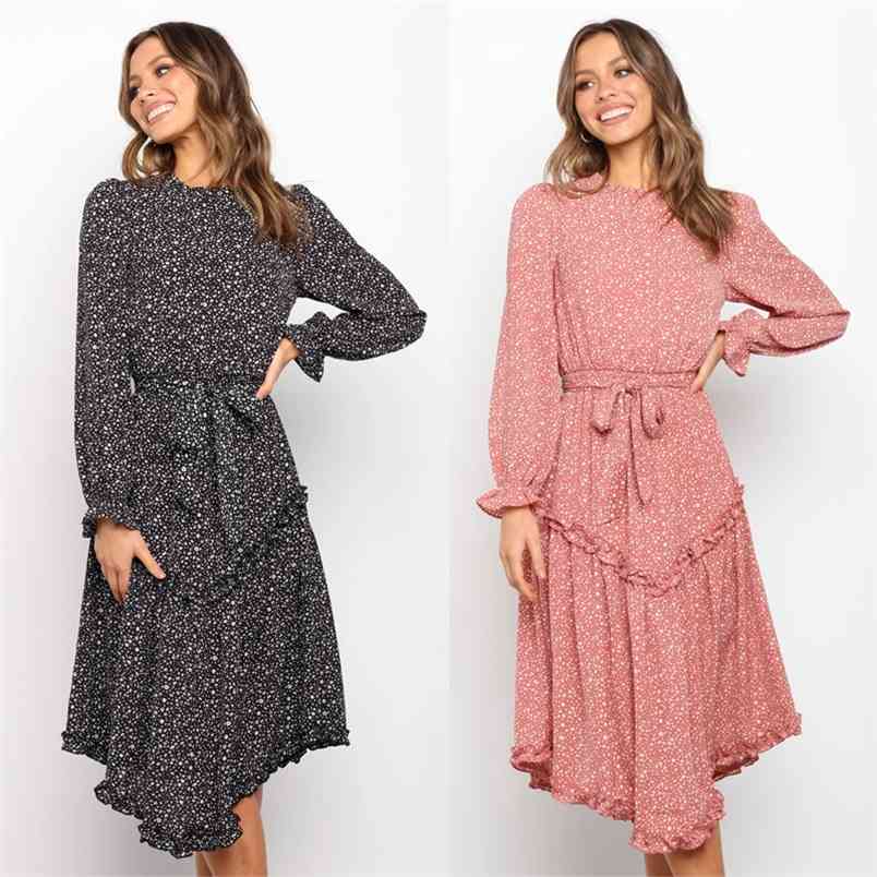 

Spring And Autumn Fashion Round Neck Irregular Long Sleeve Floral Print Dress Women Boho Ruffle Lace Up Bow Midi 210517, Black