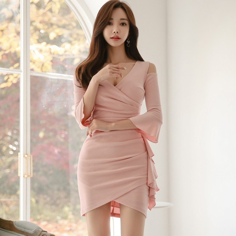 

Womens Ruched Draped Ruffles Short Sheath Dress Spring Casual Pencil Bodycon Dresses Fitted Sweet Vestidos 210525, Picture color
