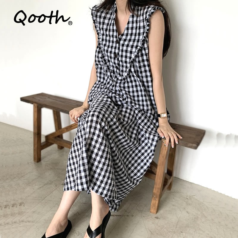 

Qooth Retro V-Neck Stitching Color-Match Dress Plaid Three Buttons Loose Sleeveless Dress Womens Long Causal Dress QT587 210518, Black
