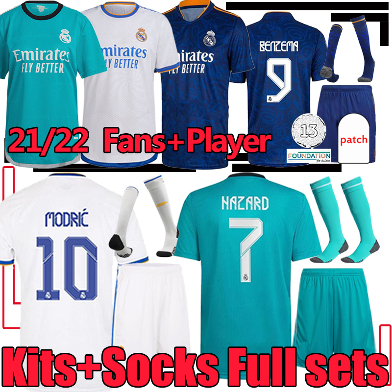 

real Madrid Men+Kids Kits sock Full sets 21/22 soccer jerseys fans player version BENZEMA ALABA HAZARD CAMAVINGA ASENSIO MARCELO football shirt KROOS MODRIC ISCO, 21-22 away player
