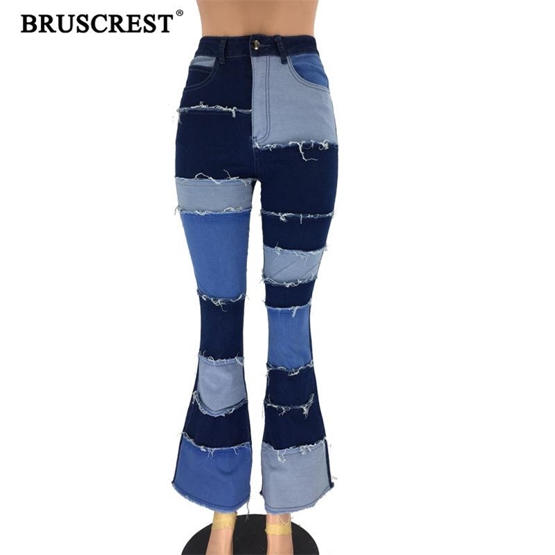 

Bell Bottom Jean Patchwork Flare Stretch Ripped Color Block Vintage Denim Pants Ladies Trousers 210629, Deep blue