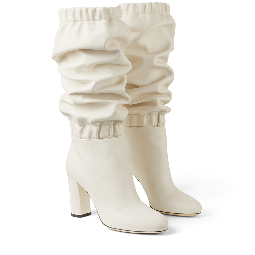 

Boots Beige White Suede Frape Elastic Women Mid-calf Female Chise Mid Calf Chunky Heels Pleated Knight Bottine Zapatos CLXD