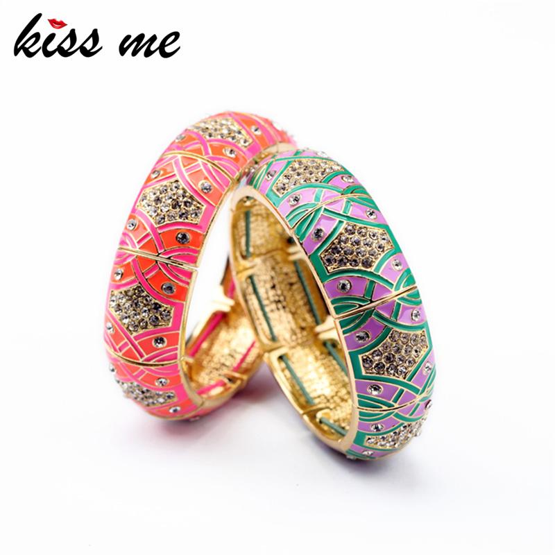 

Bangle Kissme Ethnic Style Red Green Enamel Cuff Bracelets For Women Delicate Crystal Elastic Gold Color Alloy Fashion Jewelry
