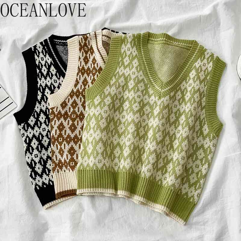 Women Vests Print V Neck Vintage Autumn Winter Pull Femme Hiver Short Sweet Sweaters Fashion Pullovers 18819 210415