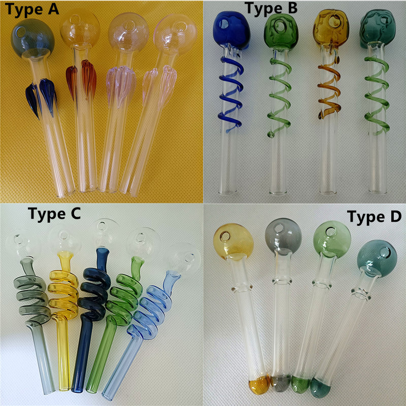 

DHL 4 Types Colorful Pyrex Glass Oil Burner Pipe Dry Herb Tobacco Burning Handcraft Smoking Nails Bubble Tube For Water Bong Hookah