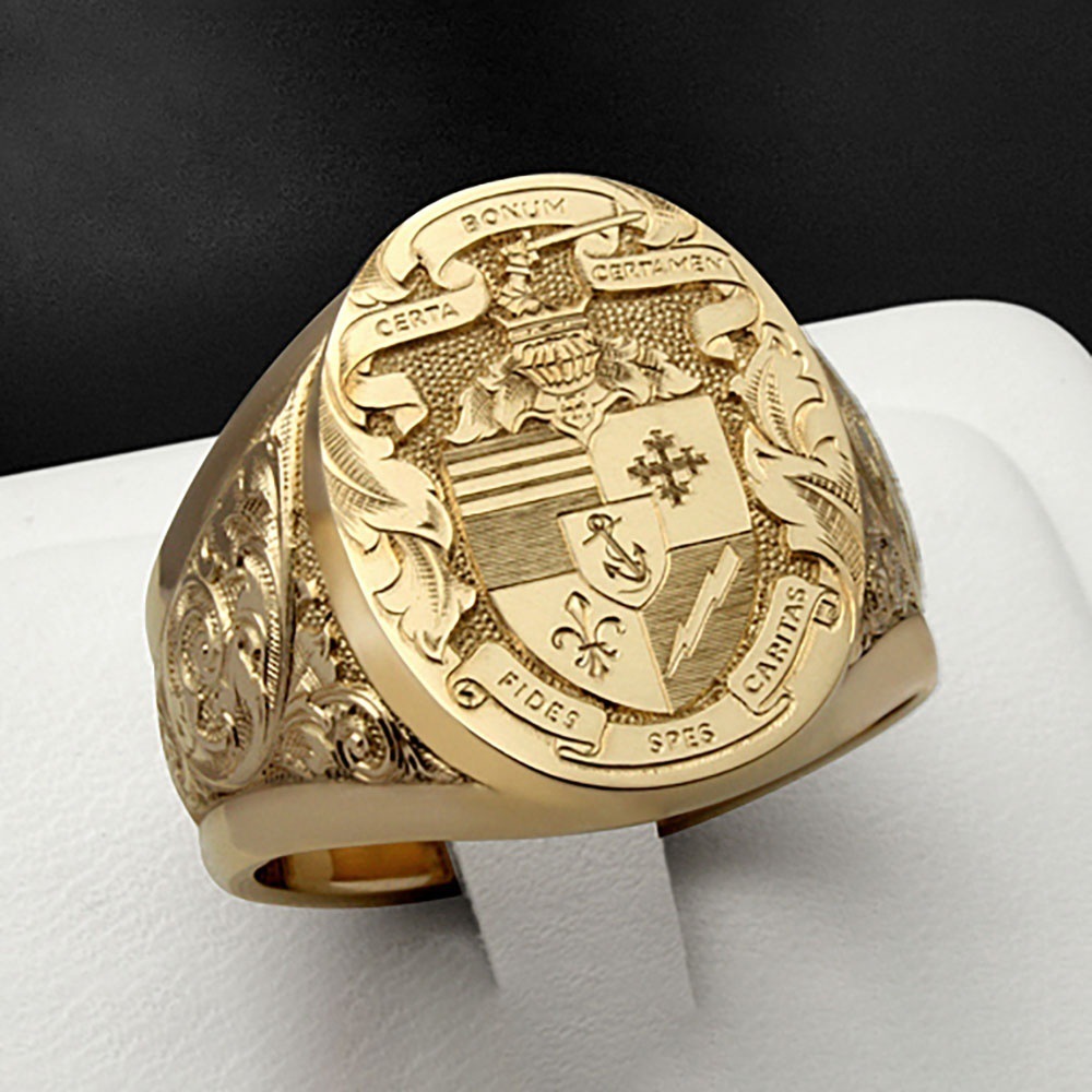 

European and American Fashion High-End Zhenrong Popular 18K Yellow Gold Plated Vintage Engraving Godfather Ring Senior Mens Engagement Weddi