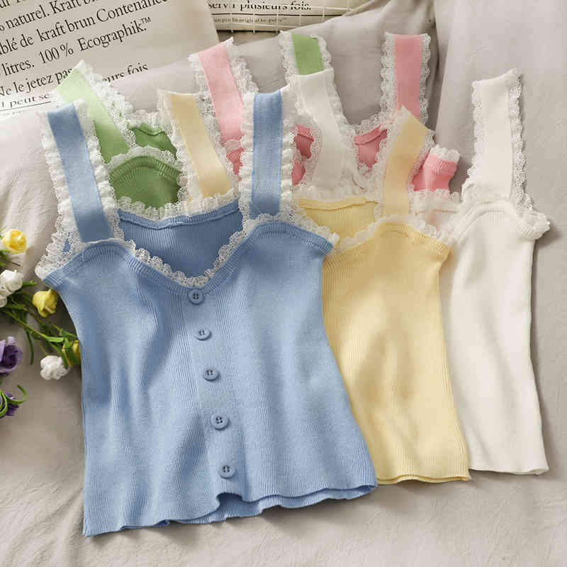 

Strapless Lace Trim Stitching Short Vest Chic Summer Girls Tops Candy color All-match Single-breasted Knitted Thin Camisole 210525, Black