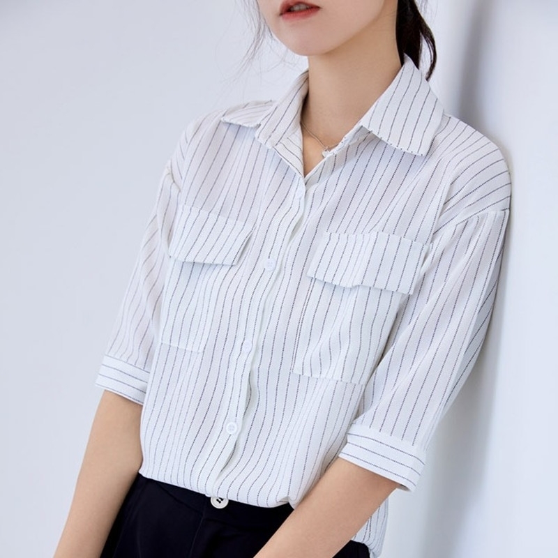 

ZAWFL Womens Tops And Blouses Half Sleeve Striped Print Turn-down Neck Loose Fit Top Ropa Mujer Moda 210525, Picture color