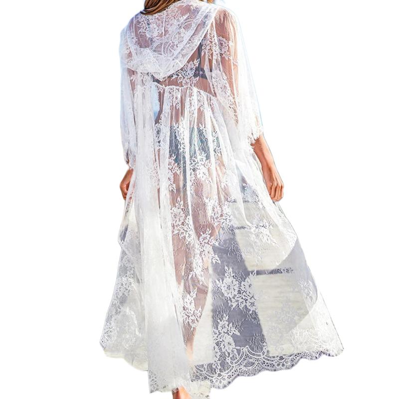 

Fashion Women Hoodied Long Sleeve Lace Cover Up Dress Swimsuit Swimwear Bathing Clothes Women's, White