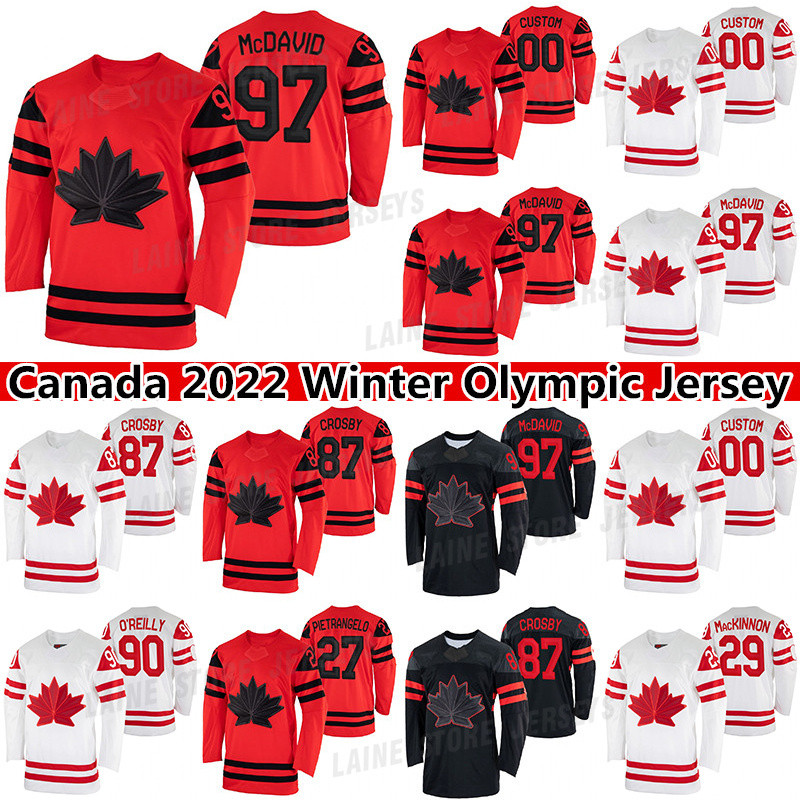 

97 Connor McDavid Canada Team 2022 Winter Jersey 87 Sidney Crosby 29 Nathan MacKinnon 16 Mitch Marner 31 Carey Price 91 John Tavares hockey jerseys, Red women