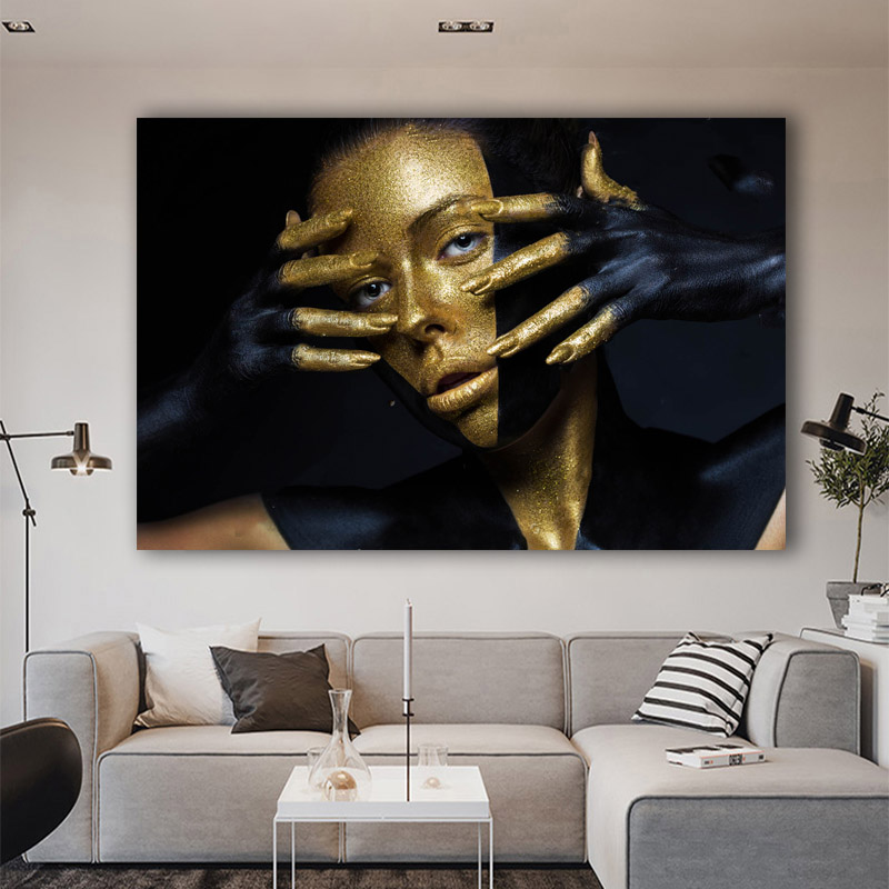 

Golden Girl Poster Portrait Picture Abstract Black Background Canvas Painting For Living Room Wall Home Decor