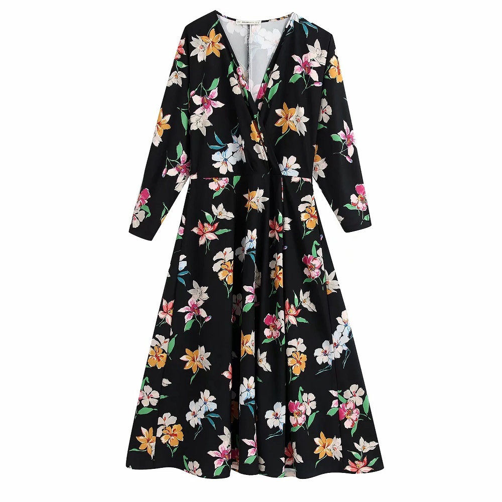 

Vintage Elegant Floral Printed Long Dress Women Fashion V-Neck Dresses Casual Ladies Chic Vestidos 210520, Blue