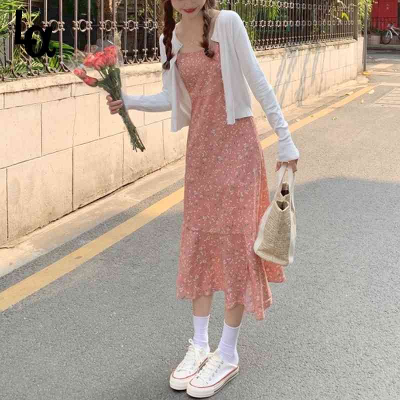 

Summer Retro Floral Strap Dress Women Elegant Sweet Chiffon Party Mid French Open Fork Casual Kawaii 210519, Pink cardigan