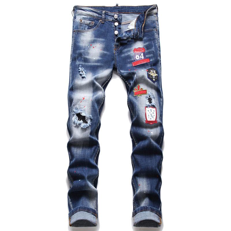 

21SS Men Badge Rips Stretch Black Jeans Men's Fashion Slim Fit Washed Motocycle Denim Pants Panelled Hip HOP Trousers, Blue