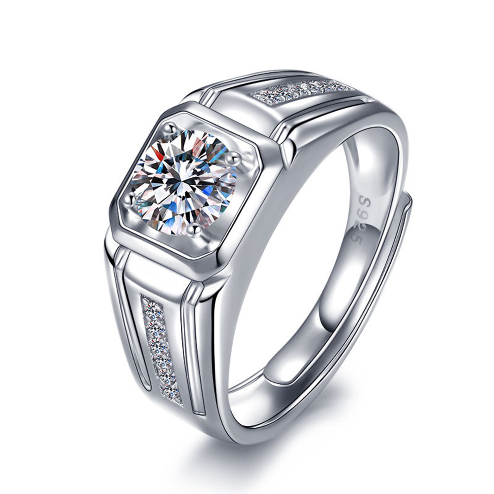 

Male Real 925 Silver with 1 Ct(6.5mm) Moissanite Stone Ring Free Adjustable Size Rectangle Classic Fine Jewelry For Men