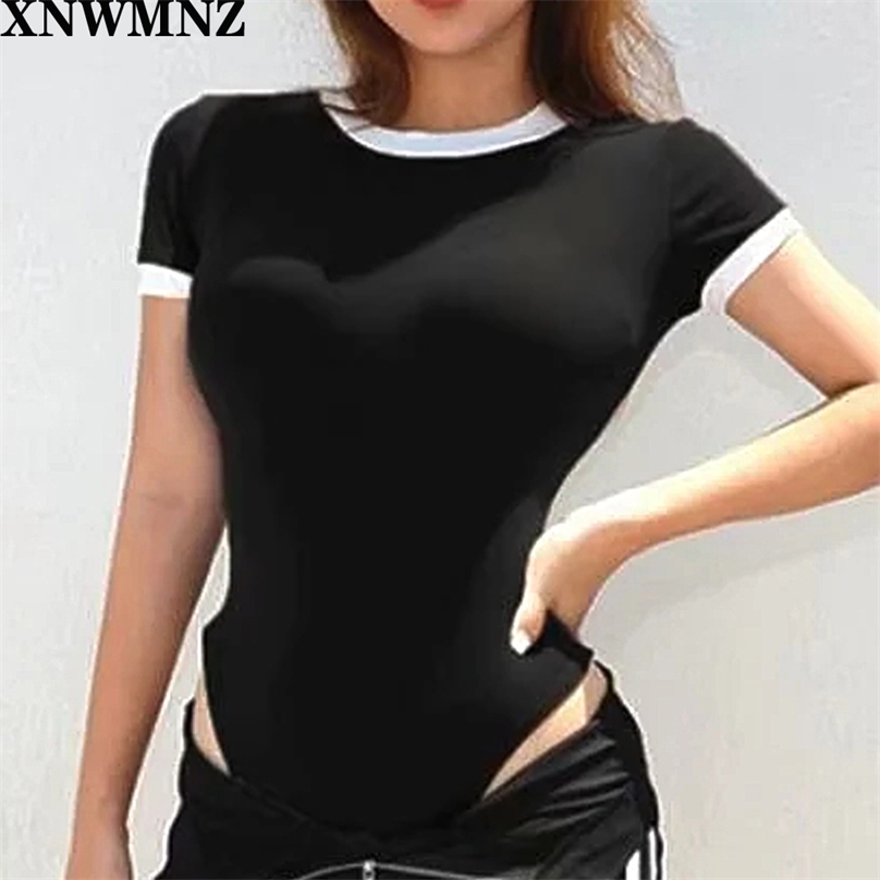 

Summer Women Fashion Tops Bodysuits Patchwork Solid Street Casual Short O neck Bodycon Skinny Rompers vadi 210520, Beige