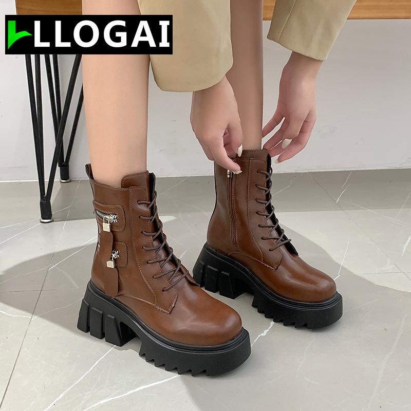 

Boots Summer Women Motorcycle Wedges Flat Shoes Woman High Heel Platform Leather Lace Up Black Girls