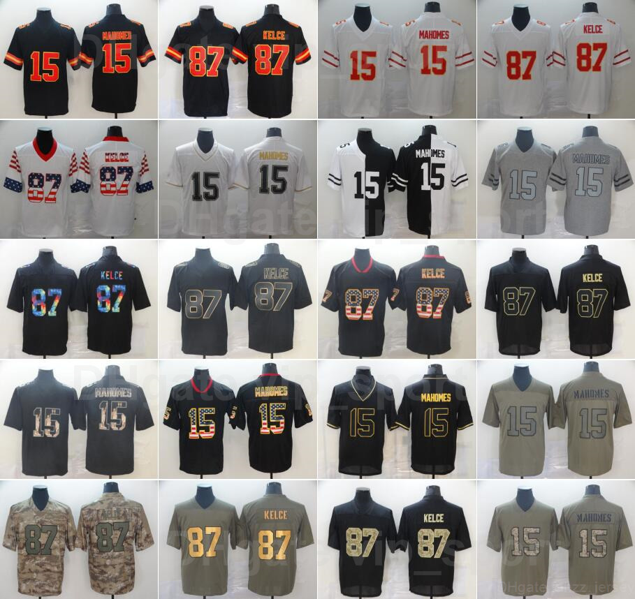 

Men Football 87 Travis Kelce Jersey 15 Patrick Mahomes For Sport Fans Team Color Red White Army Green Grey Black Camo Away Embroidery And St, Black;red