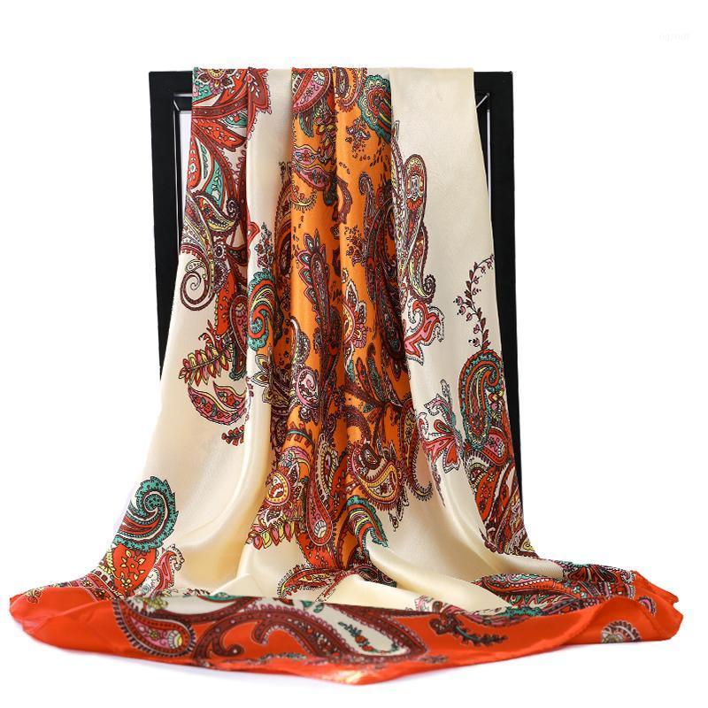 

Scarves Fashion Kerchief Silk Satin Hijab Scarf For Women Bandana Head Floral Print Bag Scarfs 90cm*90cm Square Neck Ladies, Blue;gray