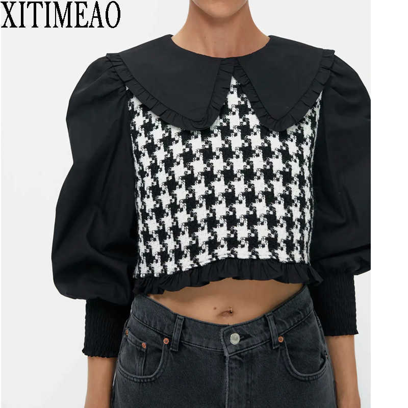 

ZA Black Tops Women Autumn Spring Long Sleeve Ruffle Shirt Female Blouses Casual Doll Collar Little Fragrance Patchwork Shirts 210602