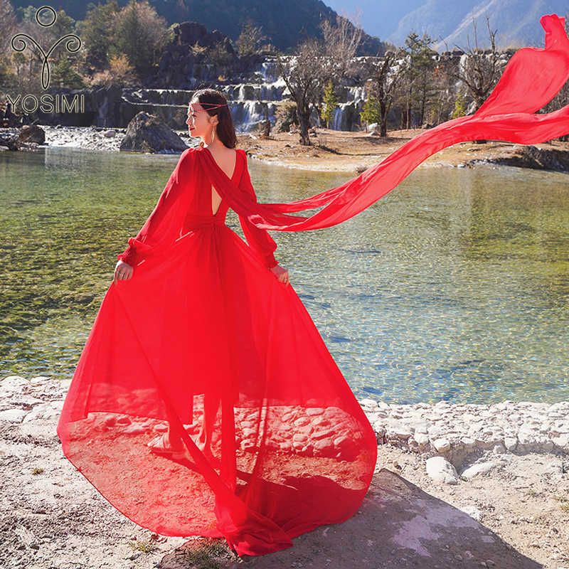 

YOSIMI Floor-Length Travel Long Women Dress Red Chiffon Summer V-neck Sleeve Fit and Flare Beach Dresses Elegant 210604, White