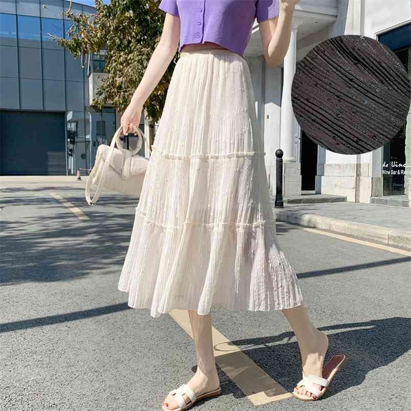 

Casual women's skirts for spring and summer super fairy sequined mesh pleated high-waisted thin A-line large skirt 210520, Apricot