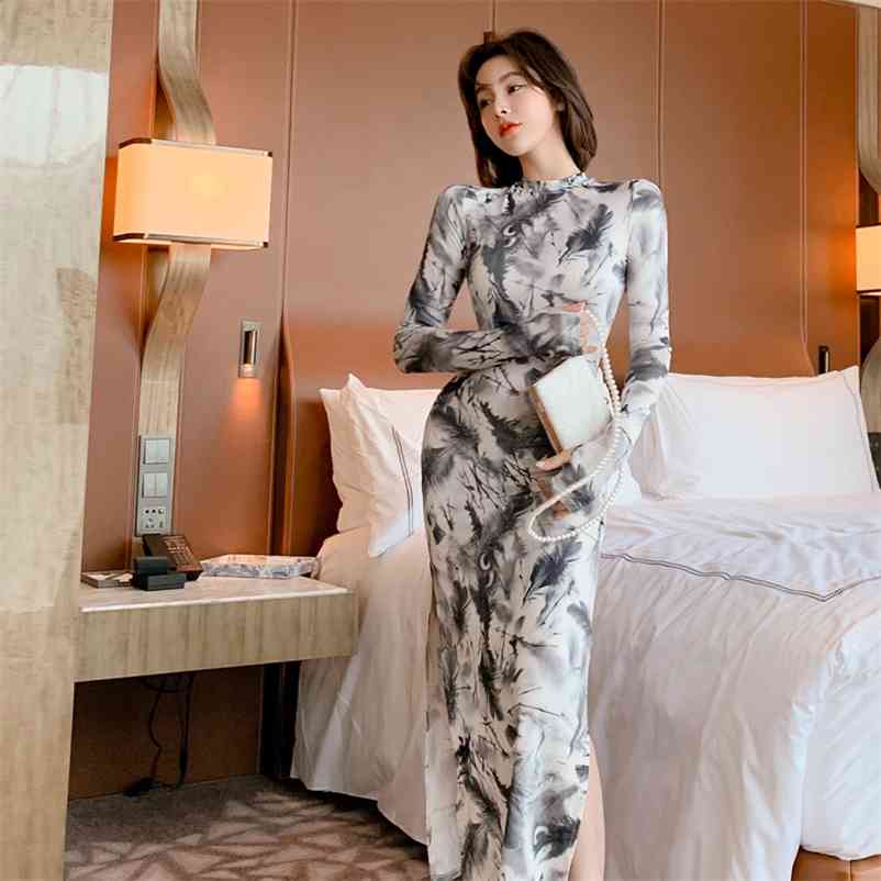 

autumn printed split dress slim sexy hip bag Office Lady Knee-Length Regular 210603, Clear
