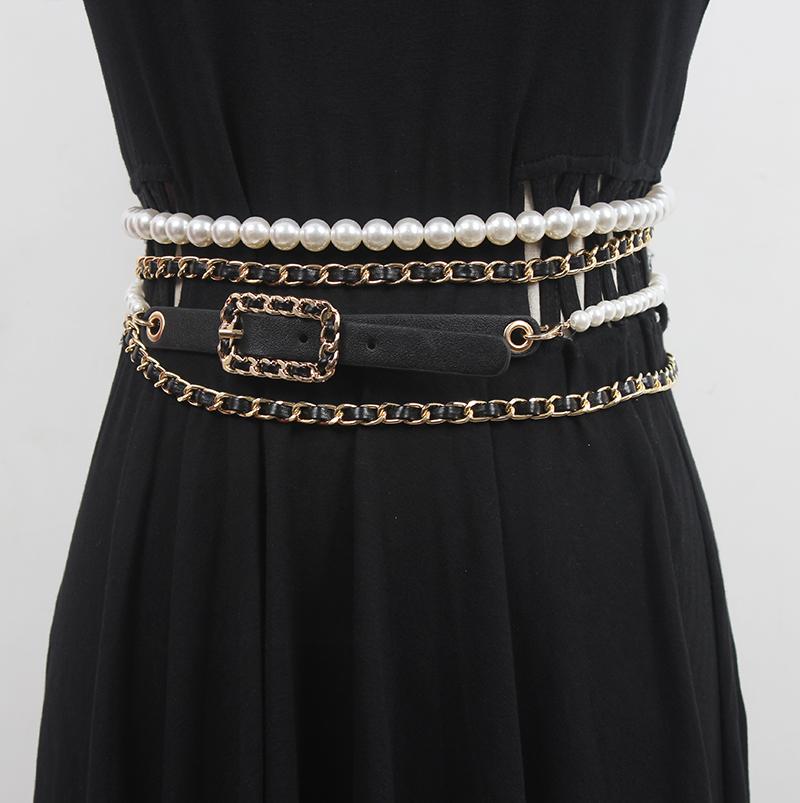 

Belts Women's Runway Fashion Pu Leather Chain Pearl Cummerbunds Female Dress Coat Corsets Waistband Decoration Belt R3554, Black;brown