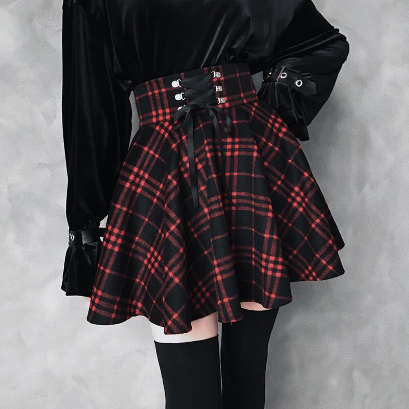 

2021 High Waist Mini Gothic Skirt Lace Up Front A-Line Checkered Harajuku Dancing Korean Style Sweat Short Punk Skirts Clubwear
