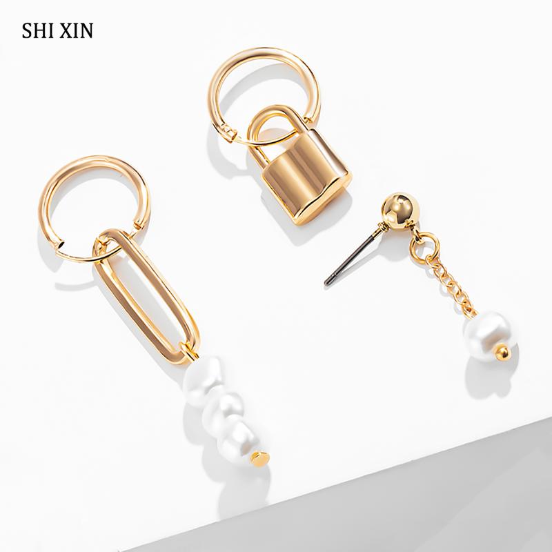 

Dangle & Chandelier SHIXIN 3 Pcs Small Circle With Pearl/Lock Pendants Earrings For Women Mini Korean Fashion Drop Set 2021 Trendy Jewelry, Silver