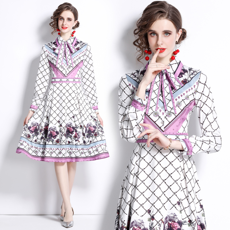 

2022 Designer Women Runway Shirt Dress Long Sleeve Floral Elegant Ribbon Bow Party Big Swing Dresses Spring Autumn Office Lady Sweet Cute Slim A-Line Knee-Length Frock