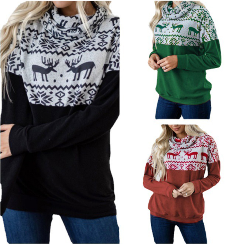 

Amazon 2021 Cross-border Women's European and American New High-neck Pullover Christmas Print Long-sleeved Sweater Women, Black