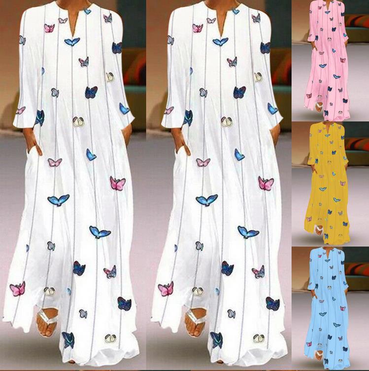 

Casual Dresses Women Summer Vacation European And American Ladies Retro Butterfly Print V-Neck Sleeveless Long Dress With Pockets, Black;gray