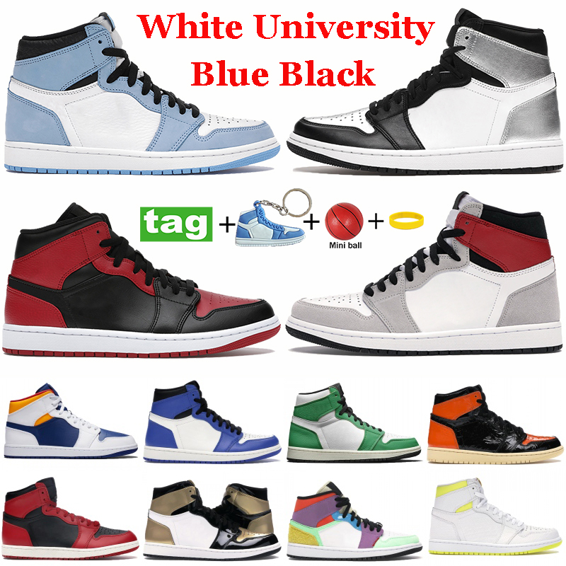 

High Basketball shoes White University Blue Black Royal silver toe UNC light smoke grey chicago Mens womens Running Sneakers Dark Mocha twist Trainers, #49- bubble wrap packaging