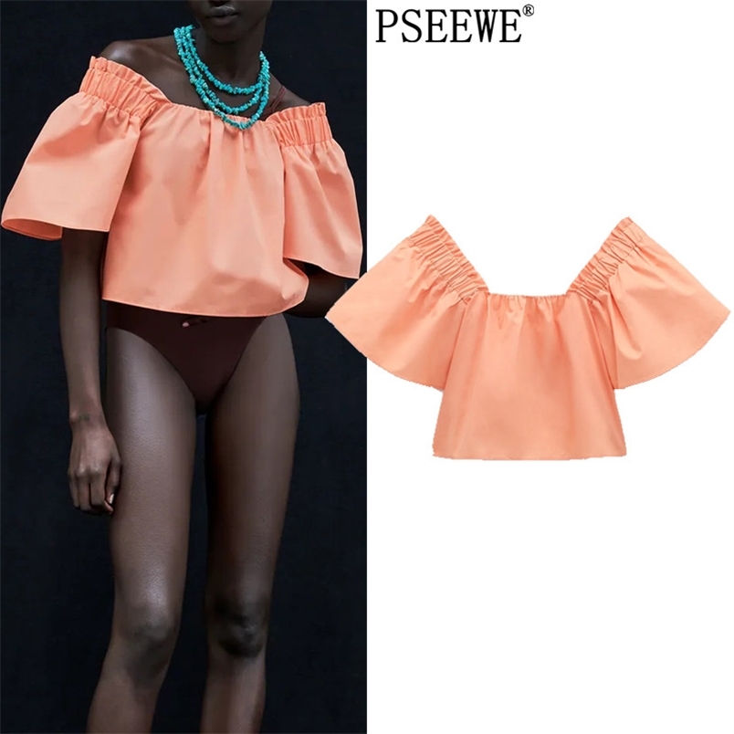 

Orange Poplin Off Shoulder Crop Top Women Summer Elastic Voluminous Short Sleeve Chic Woman Blouse Streetwear 210519