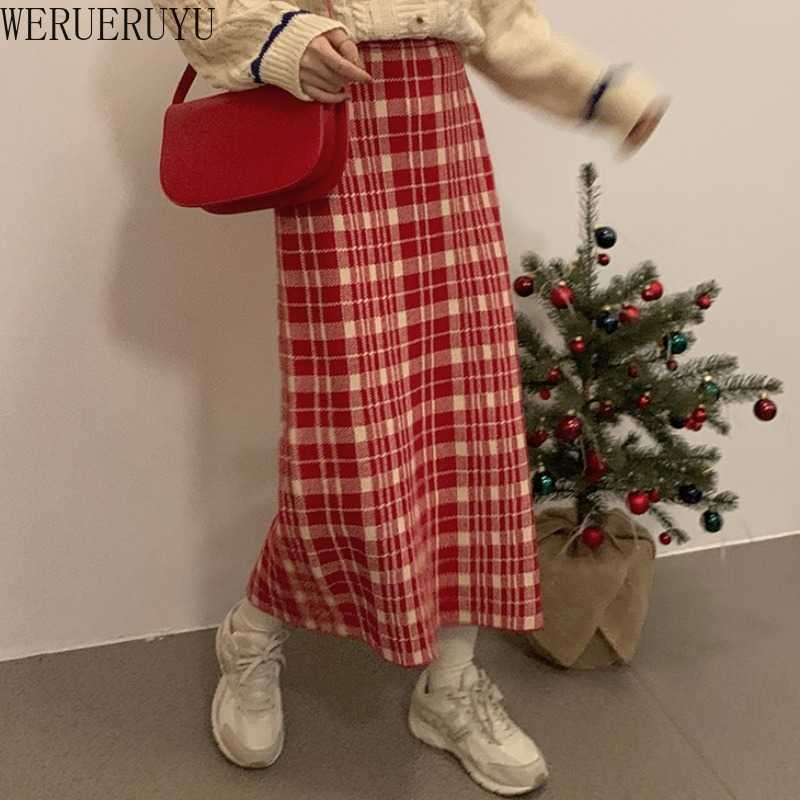 

WERUERUYU Autumn Winter High Waist Maxi Skirt Women Casual Woolen Grid Skirt female Plaid Long skirt 210608, Photo color