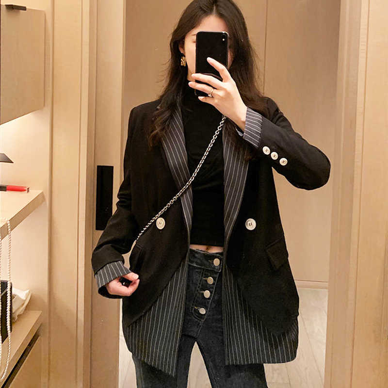 

Korean High Street Spliced Suit Jacket Women Black Stitching Designer Double Breasted Business Coat Winter Chic Lady Casual Tops 210604, Striped suit jacket