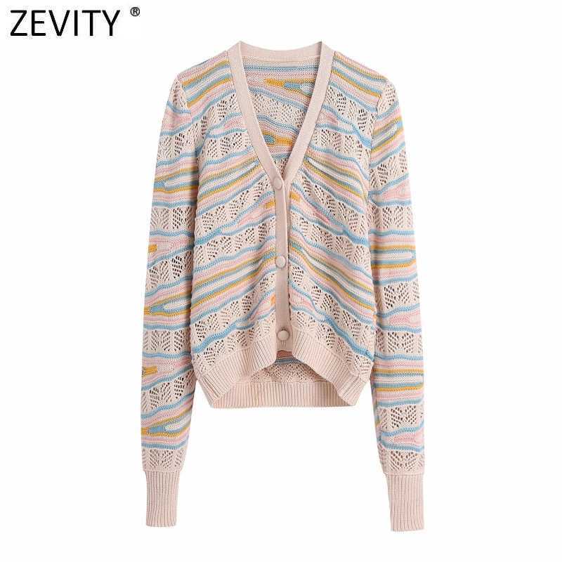 

ZEVITY Women Vintage Striped Jacquard Hollow Out Crochet Knitting Sweater Female V Neck Long Sleeve Casual Cardigans Tops SW836 210603, As pic sw836bb