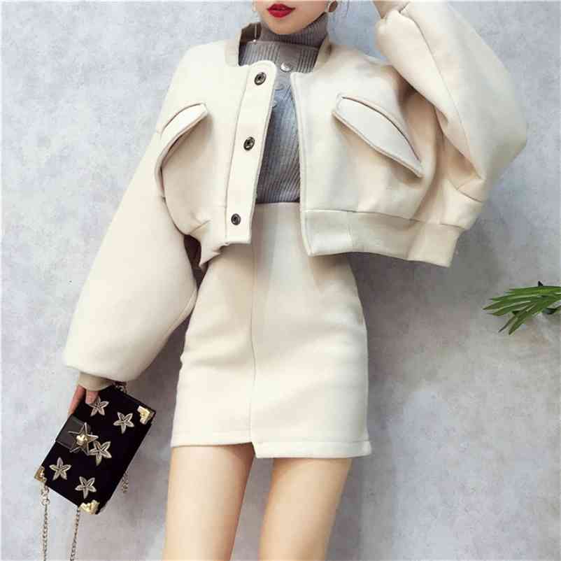

Bat Sleeve Loose Winter Woolen Coat With Skirt Sets Women High Waist Irregular Streetwear Cloak Tunic 2 Pieces Suits 210519, Beige