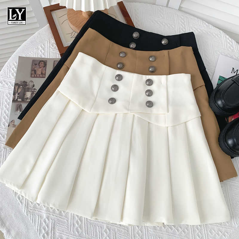 

LY VAREY LIN Summer Women Sweet Solid Color Double-breasted Pleated Suit Skirts Casual High Waist Buttons Mini 210526, Black