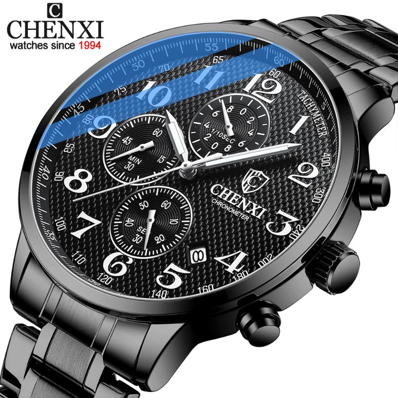 

Wristwatches CHENXI Brand Mens Watches Top Luxury Chronograph Sport Waterproof Men Analog Quartz Watch Stainless Steel Relogio Masculino, Black