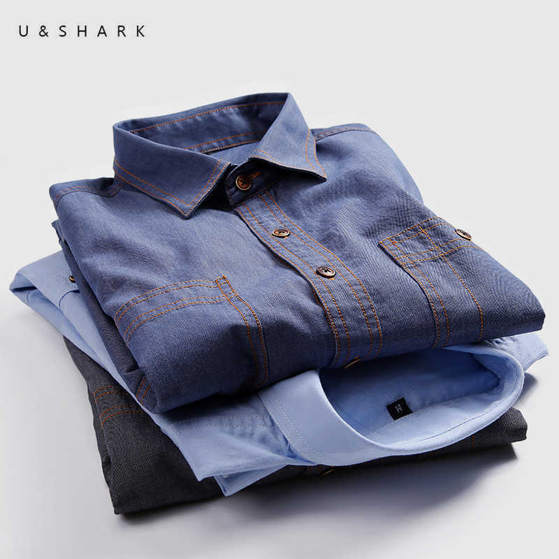 

U&SHARK Mens Blue Denim Shirt Chambray Shirt for Men Long Sleeve Blouse Spring Pure Cotton Soft Casual Jeans Clothing Male 210603, Classic blue