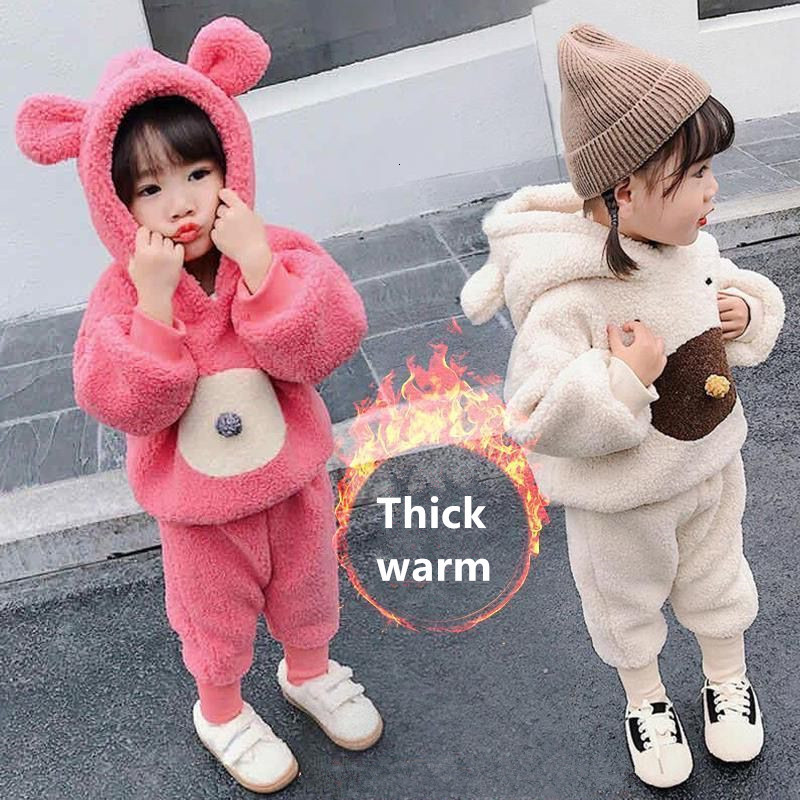 

Sets Thicken Warm Costume Children Clothing Set Autumn Winter Toddler Baby Girls Clothes 2Pcs Outfit Plus thick velvet Kids Tracksuit C0225, Pink