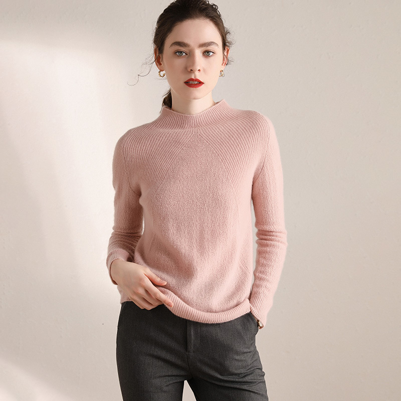 

Women' Two Piece Pants Fall/Winter fashion semi-high collar cashmere sweater women' slim jacket 100% pure 3YDA, Pink