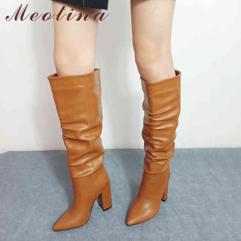 

Knee-High Boots Women Shoes Pleated Extreme High Heel Long Pointed Toe Block Heels Fashion Ladies Winter 43 210517, Beige