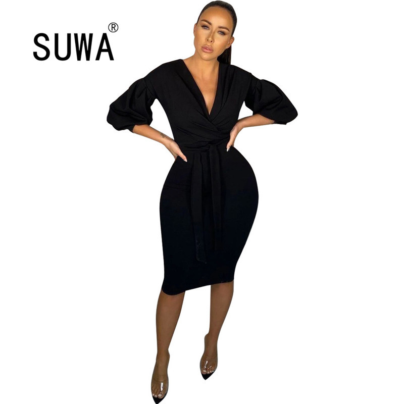 

Elegant Women Long Sleeve V Neck Bodycon Knee Length Dress Chic Ladies Sexy Evening Party Fashion Outfits 210525, Black