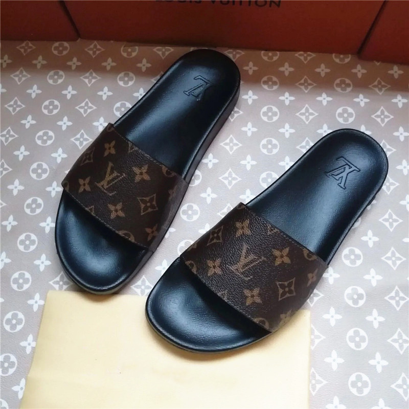 

21ss Lv Fashion Louis Leather Slippers Women Vitton Sandals Classic luxury print Slides Men Flip Flops Channel Shoes, White;black