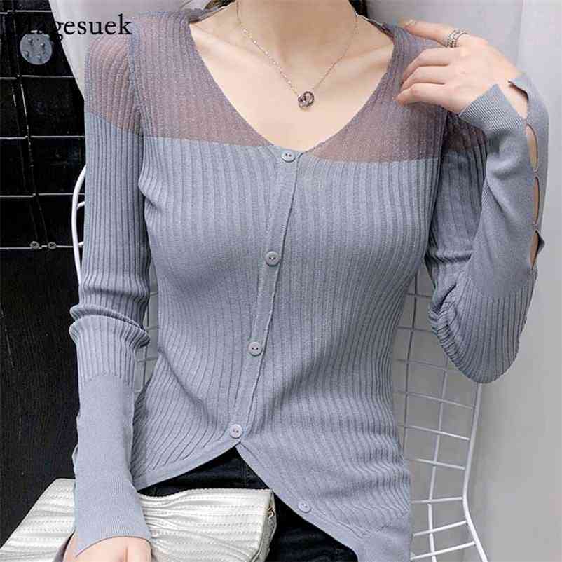 

Super Breathable Hollow Sunscreen V-neck Women' Cardigans Autumn Wool Korean Slimming Long Sleeve Sweater 10601 210518, Purple